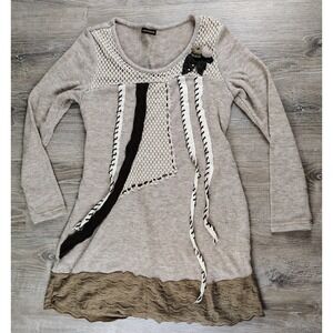 John‎ Fashion Artsy Boho Ruffled Knit Shirt Dress Large Embellished Wool Blend